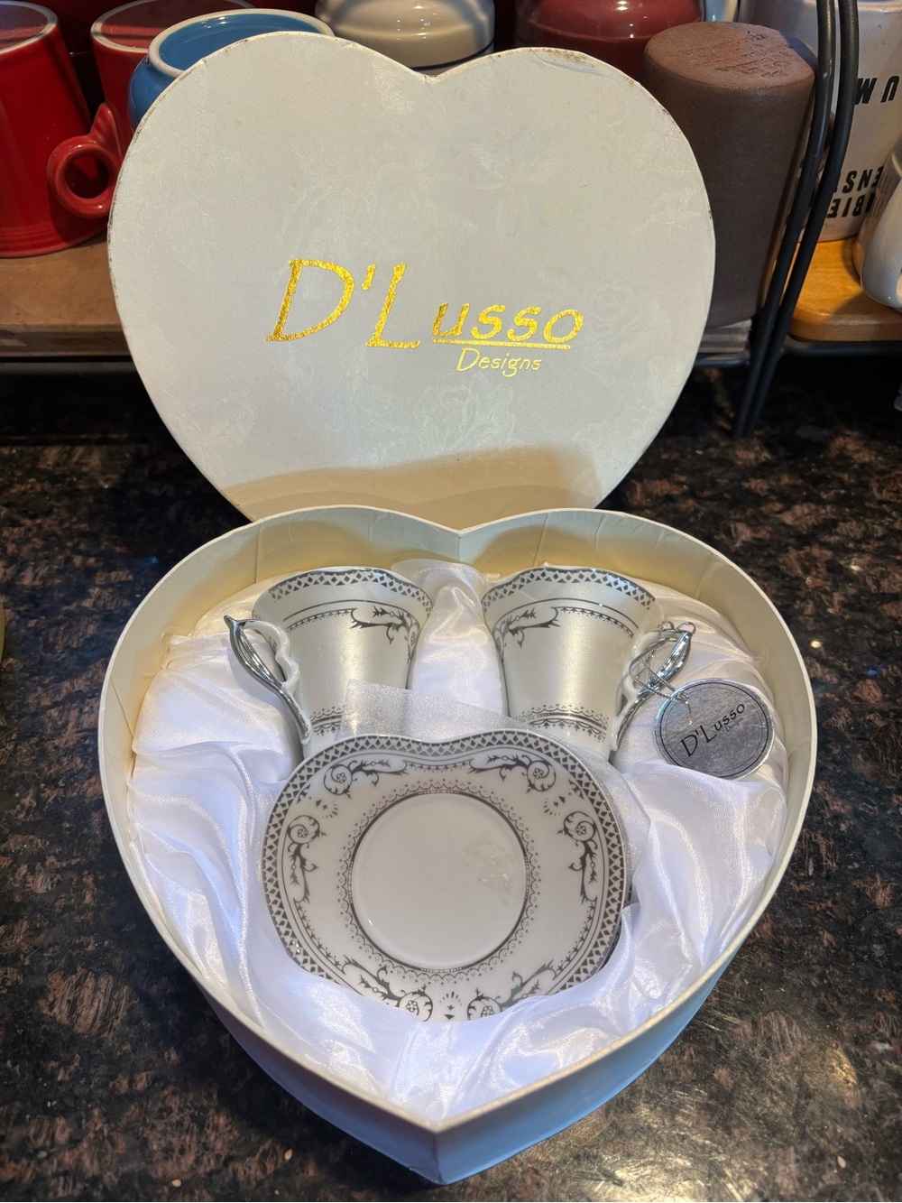 D'Lusso Silver-Trim Porcelain Teacup & Saucer Set - White and Silver
